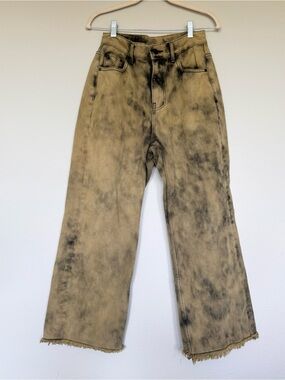 Well Done Acid Wash Wide Leg Jeans Medium Beige Black Distressed Streetwear